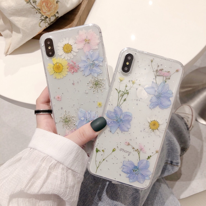 Fashion Glitter real Dry pressed Flower phone case For iphone 11 pro XS MAX x XR 6 7 8 plus transparent silicone back cover girl
