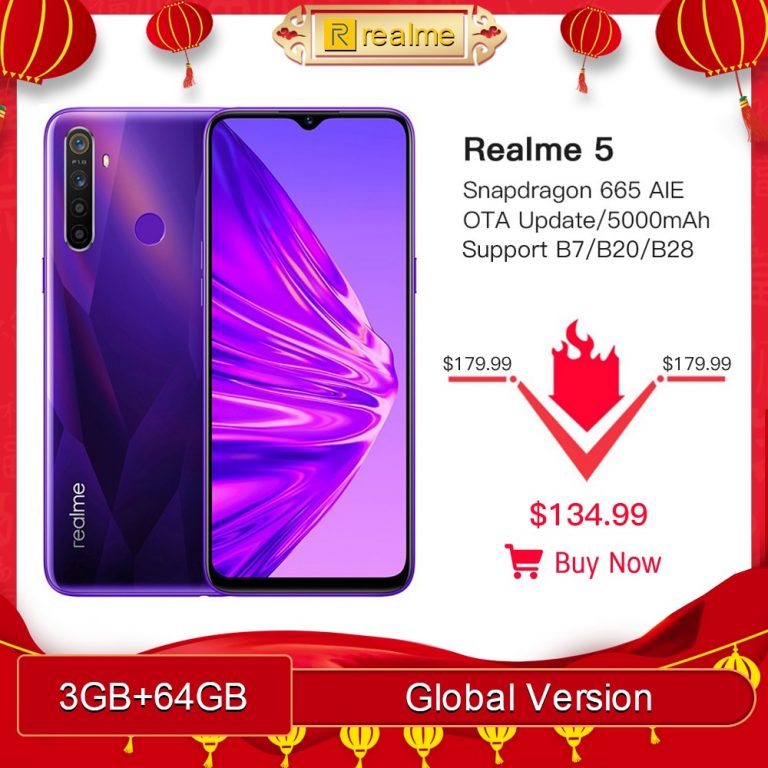 Global Version realme 5 3GB RAM 64GB ROM 6.5" Moblie Phone Snapdragon 665 AIE Octa Core Cellphone 5000mAh Smartphone