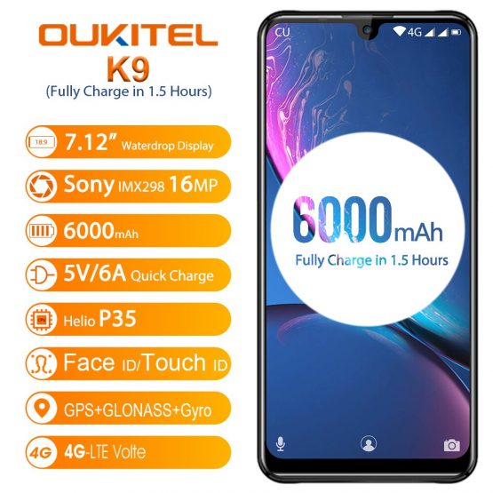 OUKITEL K9 K 9 7.12" Android 9.0 Cellphone 4GB 64GB MT6765 Smartphone 6000mAh 5V/6A Mobile Phone Octa Core OTG Face ID 8MP/16MP