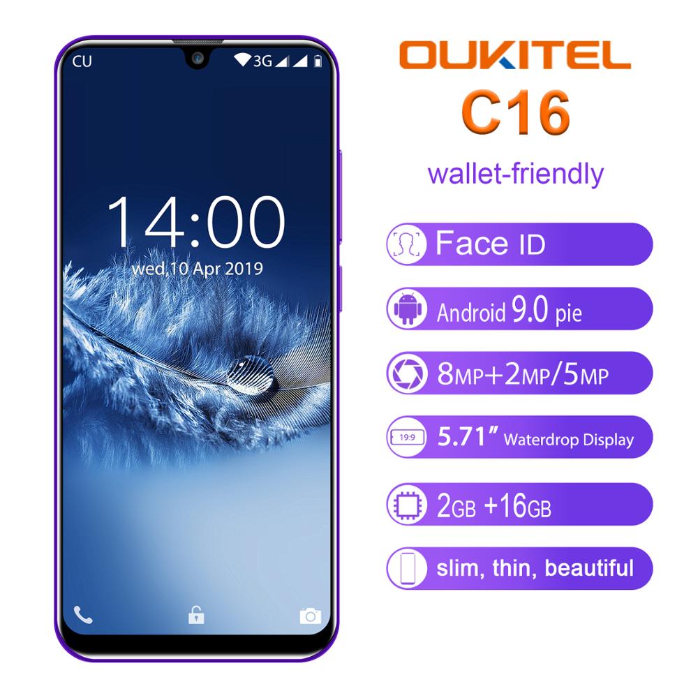 OUKITEL C16 5.71''Android 9.0 19:9 Waterdrop Screen CellPhone MT6580P 2GB RAM 16GB ROM Smartphone Dual Back Camera Mobile Phone