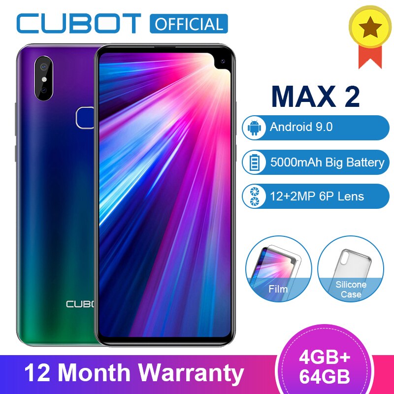 Cubot Max 2 Android 9.0 19:9 4GB 64GB MT6762 Octa Core Smartphone 6.8'' Waterdrop 5000mAh Dual Rear Cameras 6P Lens 4G LTE Phone