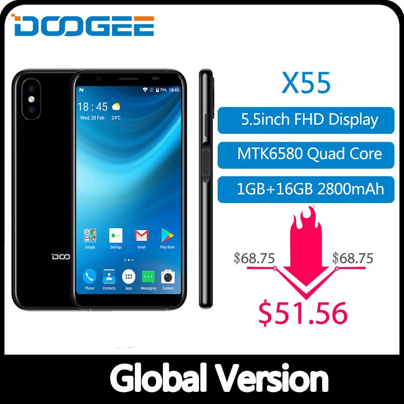 2018 New DOOGEE X55 Smartphone 5.5'' 18:9 HD MTK6580 Quad Core 16GB ROM Dual Camera 8.0MP Android 7.0 2800mAh Side Fingerprint
