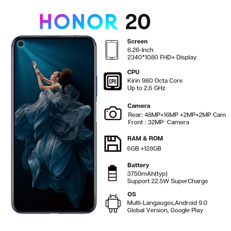 Global Version Honor 20 Smartphone 6G128G Kiri 980 Octa Core 6.26''48MP Four Camera Mobile Phone NFC Google Play SuperCharge