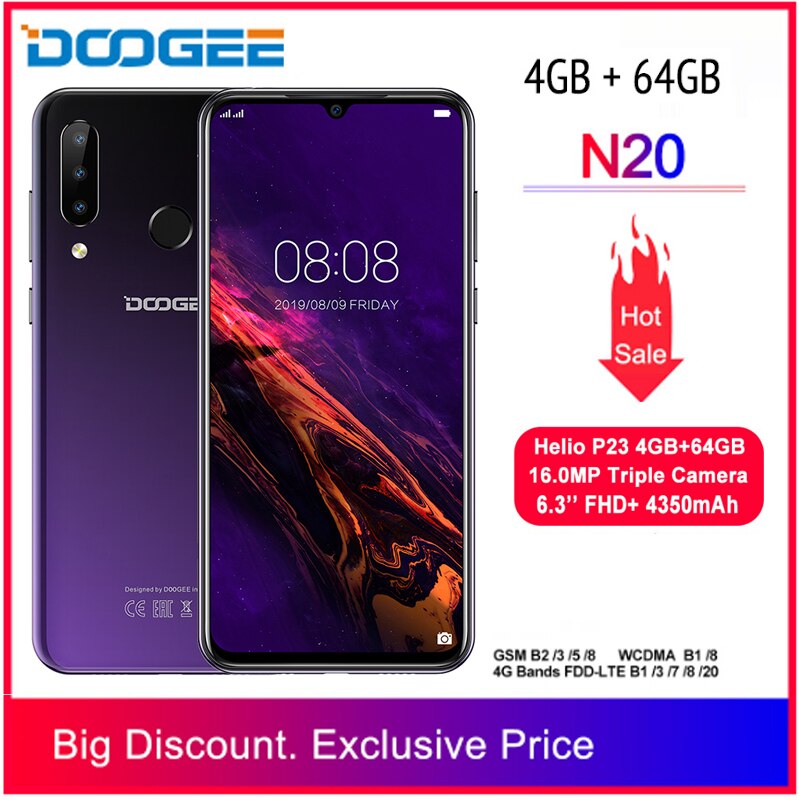 DOOGEE N20 New 2019 Smartphone 6.3inch FHD+ Display 4350mAh 4GB+64GB Octa Core 10w charge Fingerprint 16MP Triple Back Camera