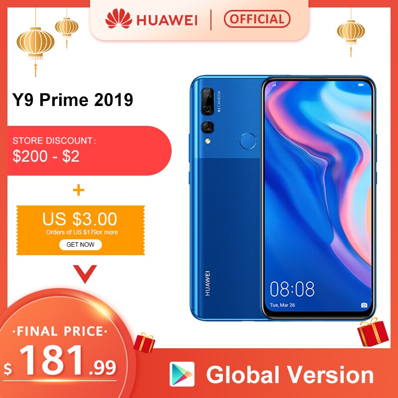 Original Huawei Y9 Prime 2019 Smartphone AI Triple Rear Cameras Global Version cellphone 4G 128G Auto Pop-Up Front Camera 6.59