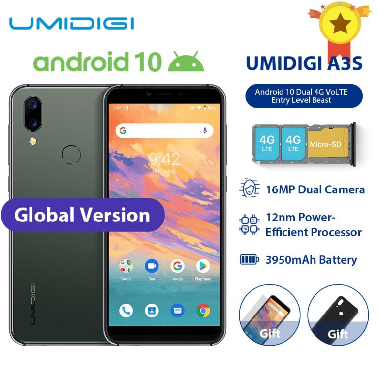 UMIDIGI A3S Smartphone: Powerful, Affordable, and Ready for Any Task UMIDIGI A3S Android 10 Smartphone with 5.7" HD+ Display, Dual 4G, and Triple Slot Support.