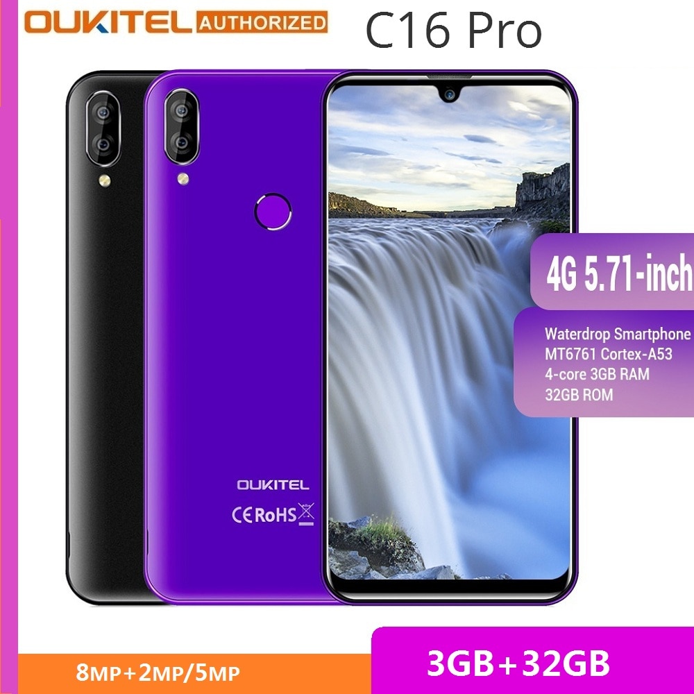 OUKITEL 4G LTE Mobile Phone C16 Pro 5.71 inch Android 9.0 19:9 Waterdrop CellPhone MT6761P Quad Core 3GB RAM 32GB ROM Smartphone
