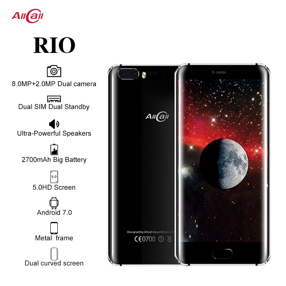 Original Allcall Rio 5.0 Inch IPS Rear Cams Android 7.0 Smartphone MTK6580A Quad Core 1GB RAM 16GB ROM 8.0MP OTG 3G Mobile Phone