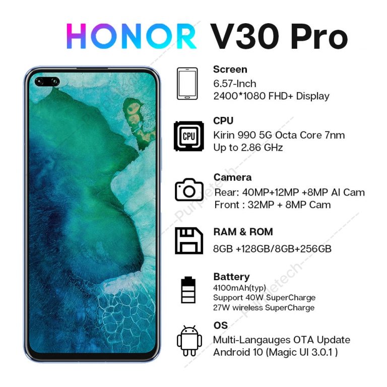 Honor V30 Pro Google Play Kirin990 5G Octa core Smartphone 8GB 128GB 256GB 16Core GPU 40mp Triple Cam 40W SuperCharge Android 10