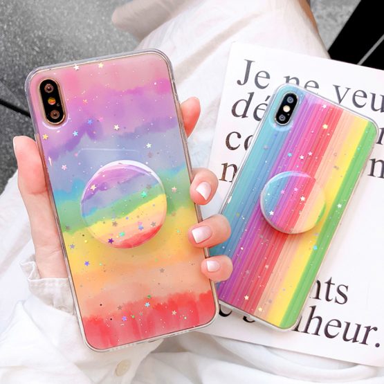 Glitter Rainbow Phone Case For iPhone XR XS Max X 11 11Pro 6 6S 7 8 Plus Candy Color Stand Holder TPU Full Body Protective Cover