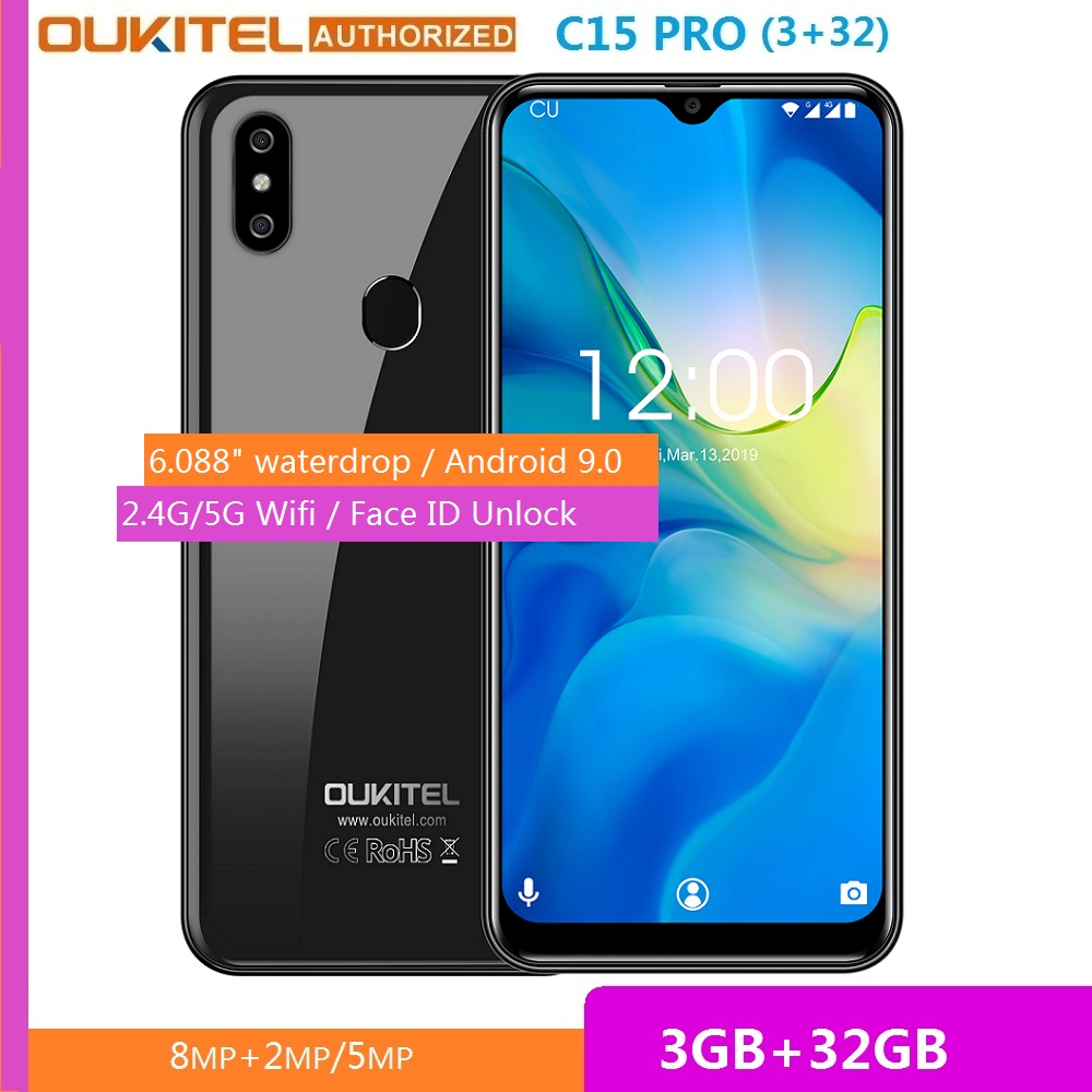 OUKITEL 3GB RAM 32GB ROM Smartphone C15 Pro 6.088'' Android 9.0 Pie MT6761 Waterdrop Fingerprint Face ID 5G WiFi Mobile Phone