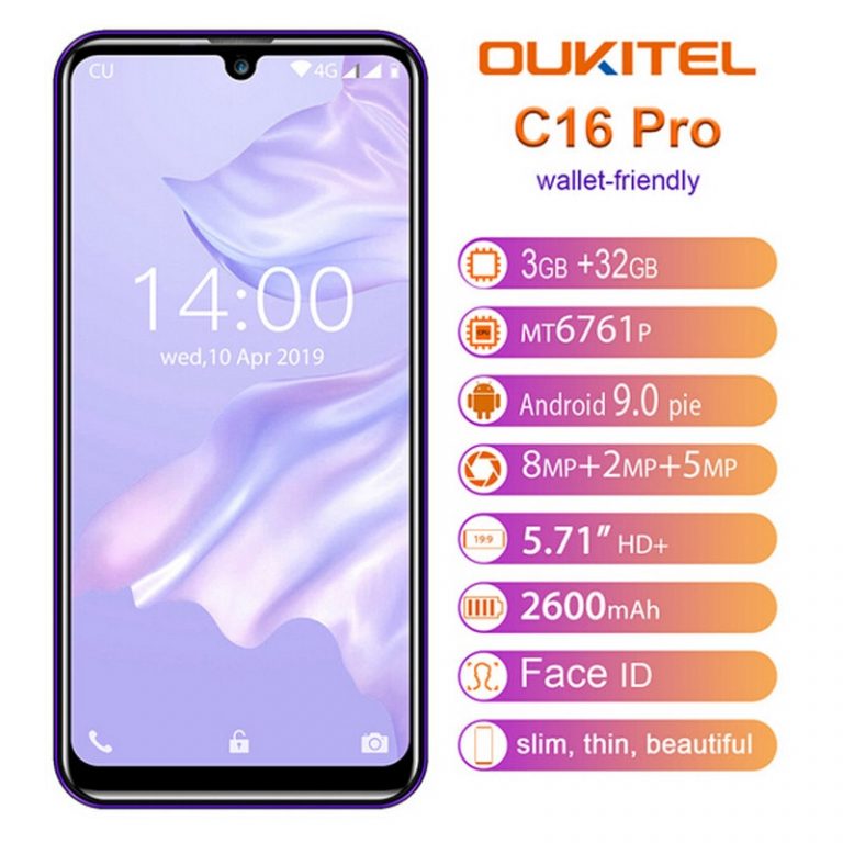 OUKITEL C16 Pro 5.71'' Android 9.0 19:9 3GB 32GB Smartphone Fingerprint Face