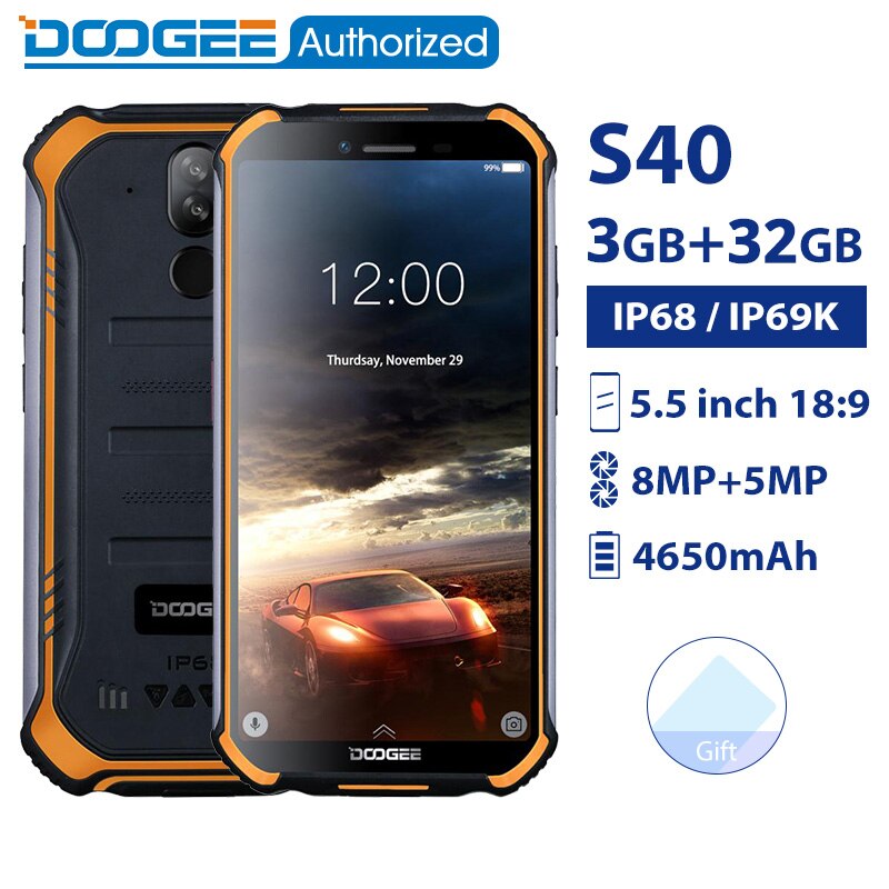 DOOGEE S40 3GB 32GB IP68/IP69K waterproof smartphone MTK6739 Quad Core 5.5''4650mAh 8.0MP 4G Rugged Android 9.0 Mobile Phone