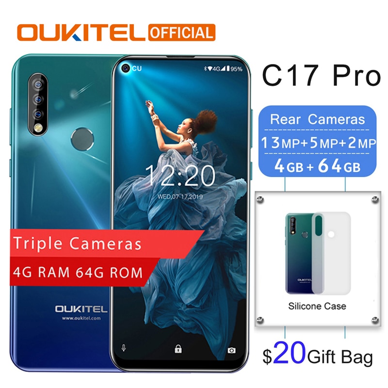 OUKITEL C17 Pro 6.35"19.5:9 Android 9.0 4G RAM 64G ROM MTK6763 Octa Core Mobile Phone Rear Triple Cameras Dual 4G LTE Smartphone