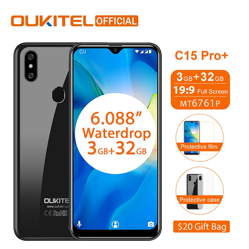 OUKITEL C15 Pro 6.088"19:9 WaterDrop Android 9.0 Mobile Phone 3GB 32GB MT6761 Quad Core 4G LTE Smartphone 2.4G/5G WiFi Face ID