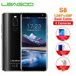 A sleek LEAGOO S8 smartphone showcasing its 5.72-inch full screen, dual rear cameras, and modern design, ideal for multitasking and photography.