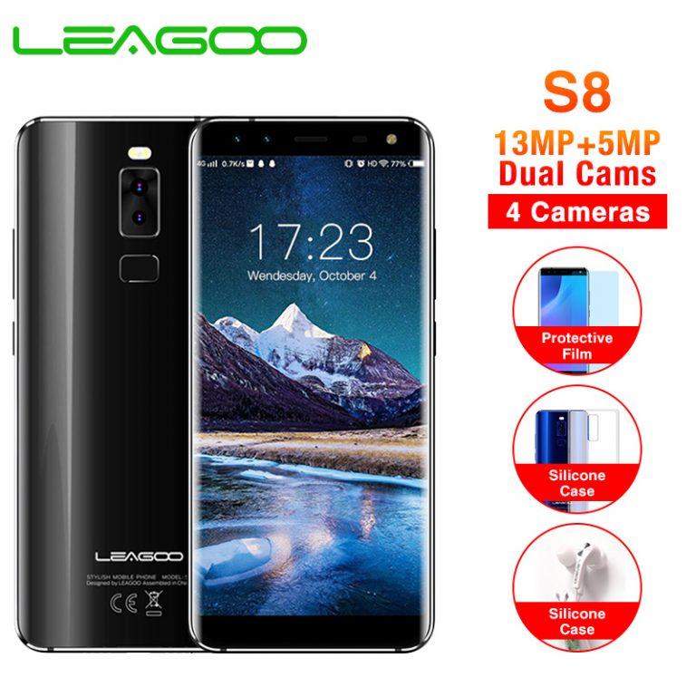 A sleek LEAGOO S8 smartphone showcasing its 5.72-inch full screen, dual rear cameras, and modern design, ideal for multitasking and photography.