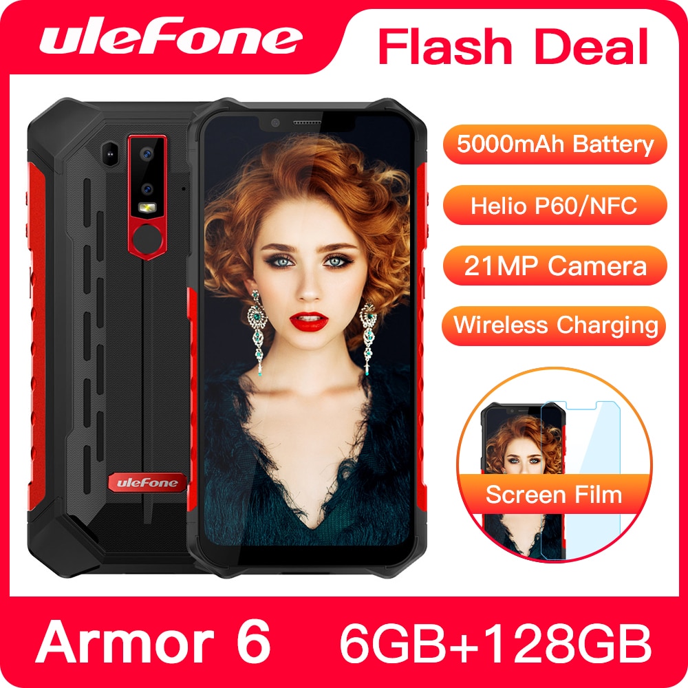 Ulefone Armor 6 Waterproof Mobile Phone Android 8.1 Helio P60 Octa Core 6GB 128GB Face ID NFC IP68 Rugged Smartphone