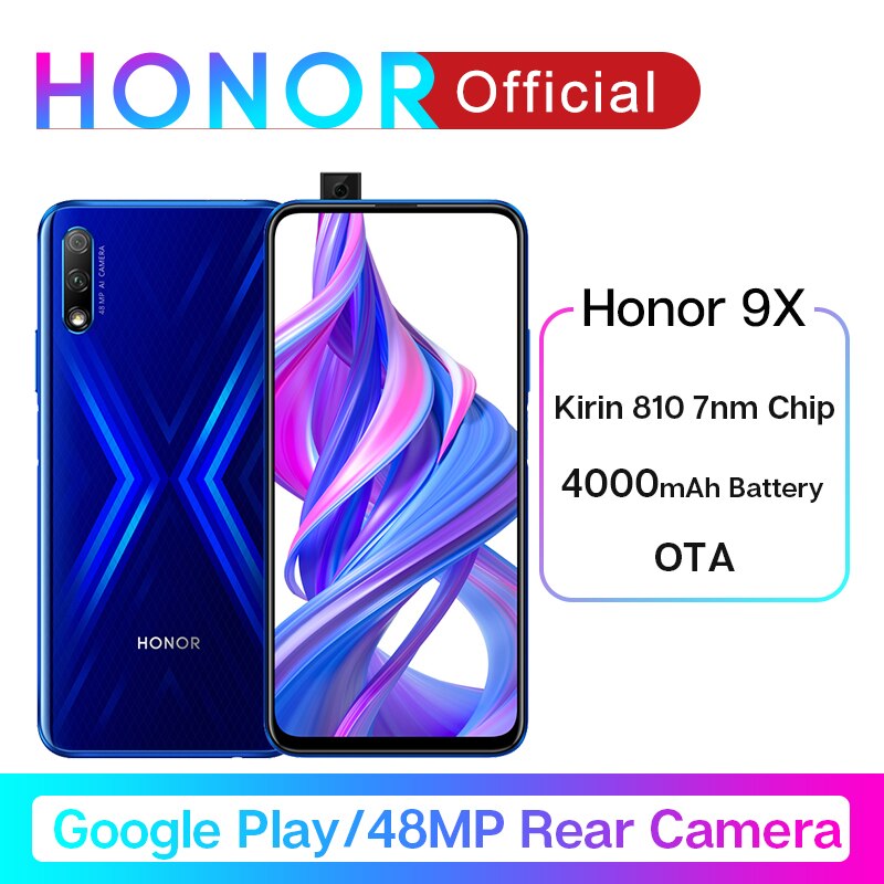 Original Honor 9X Google Play Kirin 810 7nm Octa core Smartphone 48MP Dual Camera 6.59" Full Screen Pop-Up Front Camera