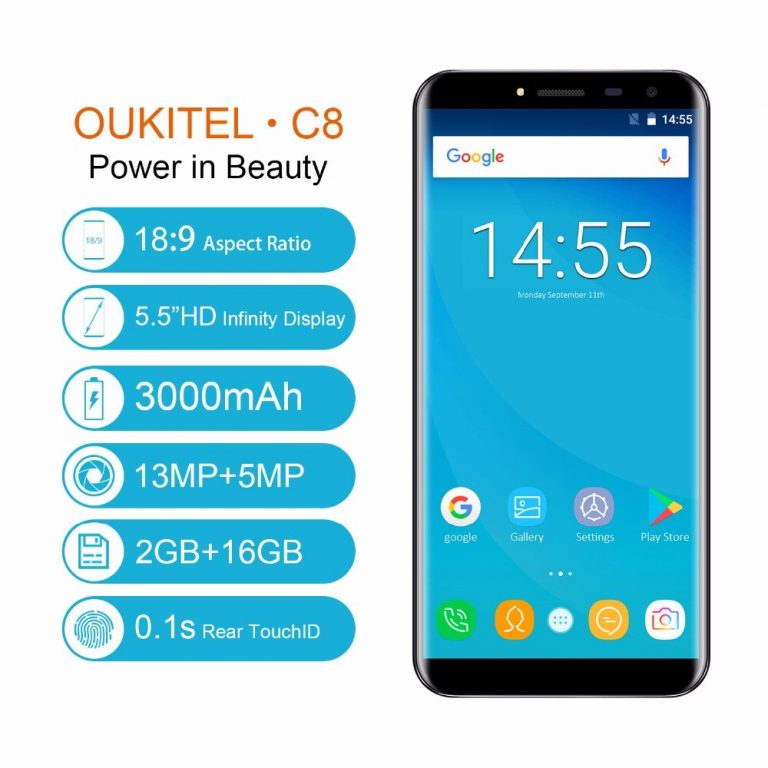 Oukitel C8 5.5" 18:9 Infinity Display Android 7.0 MTK6580A Quad Core Smartphone 2G RAM 16G ROM 3000mAh Fingerprint Mobile Phone 2 OUKITEL C8 β Vibrant 5.5" Infinity Display with Long-Lasting 3000mAh Battery