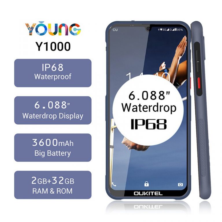OUKITEL Y1000 Rugged Smartphone 2GB RAM 32GB ROM 6.088" Android 9.0 IP68 Waterdrop MT6580P 3600mAh Fingerprint Mobile Phone