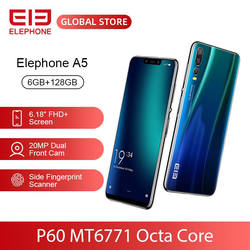 ELEPHONE A5 P60 MT6771 Octa Core Smartphone 6GB 128GB 6.18 Inch FHD+ U-Notch Screen 20MP Front Cam 4000mAh 4G Android 8.1 Mobile