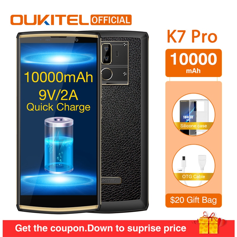 OUKITEL K7 Pro Smartphone Android 9.0 MT6763 Octa Core 4G RAM 64G ROM 6.0" FHD+ 18:9 10000mAh Fingerprint 9V/2A Mobile Phone