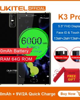 Oukitel K3 Pro Mobile Phone MT6763 Octa Core 4GB 64GB 5.5"Dual 2.5D Screen 6000mAh 4 Cameras 13MP+2MP 9V/2A Face ID Smartphone