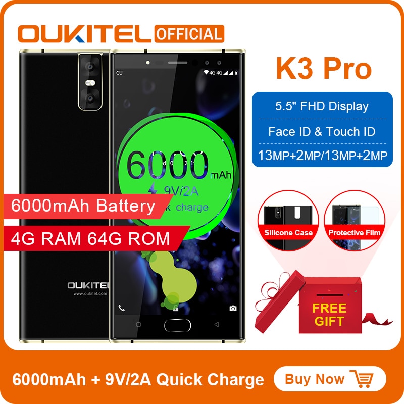 Oukitel K3 Pro Mobile Phone MT6763 Octa Core 4GB 64GB 5.5"Dual 2.5D Screen 6000mAh 4 Cameras 13MP+2MP 9V/2A Face ID Smartphone