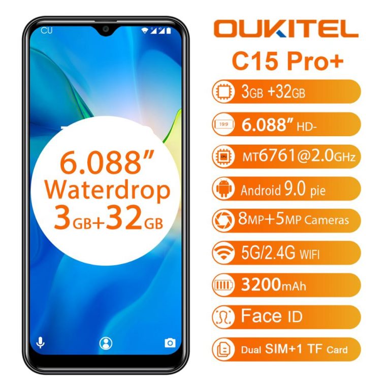 OUKITEL 3GB RAM 32GB ROM Smartphone C15 Pro 6.088'' Android 9.0 Pie