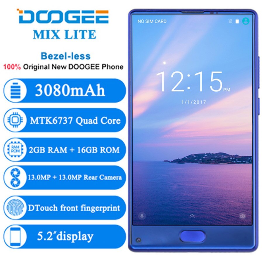 Original DOOGEE MIX Lite Smartphone Dual Camera 5.2'' MTK6737 Quad Core 2GB+16GB Android 7.0 3080mAh Fingerprint Mobile Phones