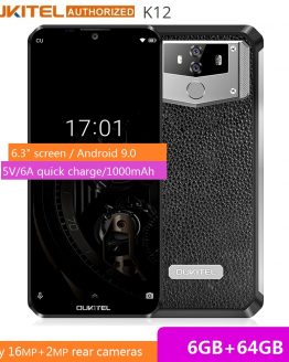 OUKITEL 10000mAh 5V/6A Quick Charge Smartphone K12 6.3" FHD+ Big Screen Waterdrop Android 9.0 Octa Core Mobile Phone 6GB 64GB