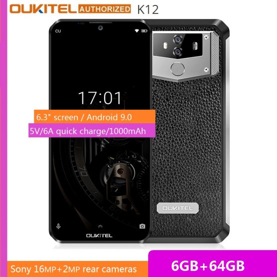 OUKITEL 10000mAh 5V/6A Quick Charge Smartphone K12 6.3" FHD+ Big Screen Waterdrop Android 9.0 Octa Core Mobile Phone 6GB 64GB