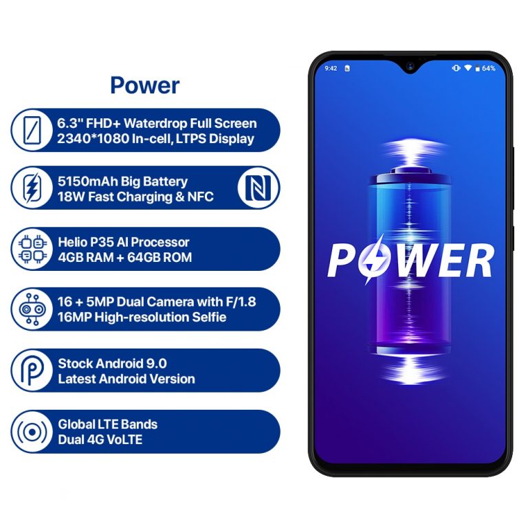 UMIDIGI Power Android 9.0 5150mAh Big Battery 18W 6.3' FHD+ Waterdrop Screen