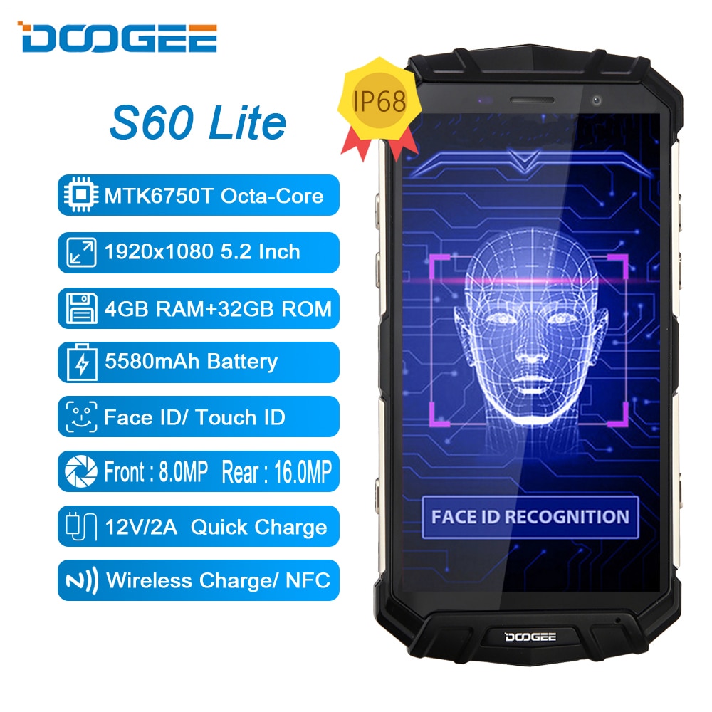 DOOGEE S60 Lite IP68 Rugged Wireless Charge 4GB 32GB 5580mAh 12V2A Quick Charge Octa Core 5.2'' FHD 16MP Camera Smartphone