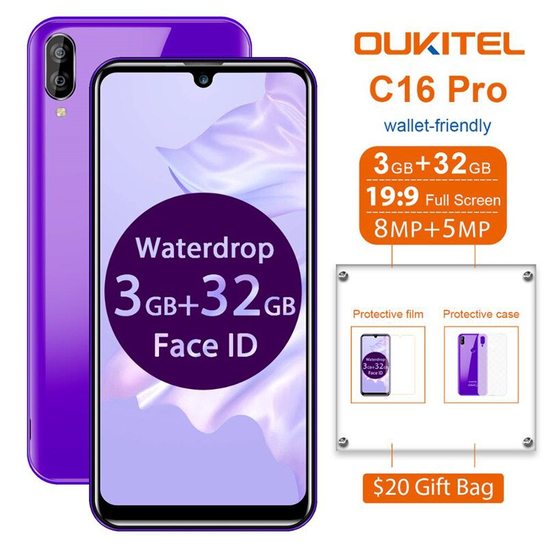 OUKITEL C16 Pro 5.71'' Android 9.0 19:9 MT6761P 3GB 32GB Smartphone Fingerprint Face ID Waterdrop Screen 5V/1A 4G Mobile Phone