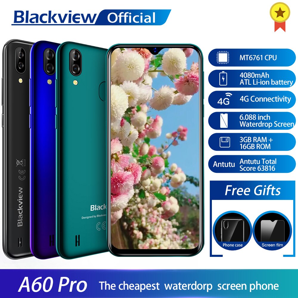Blackview A60 Pro Smartphone MTK6761 Quad Core Android 9.0 4080mAh Cellphone 3GB+16GB Waterdrop Screen Face ID 4G Mobile Phone