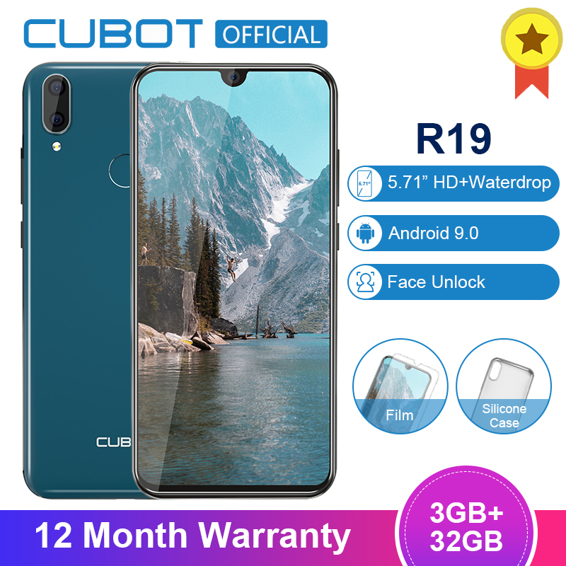 Cubot R19 Android 9.0 19:9 3GB 32GB Quad Core Fingerprint Smartphone 5.71''Water Drop Screen Dual Back Cams Face ID Mobile Phone