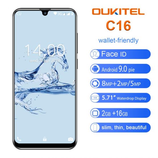 OUKITEL C16 Smartphone 5.71" HD 19:9 WaterDrop Screen Android 9.0 Fingerprint Mobile Phone MT6580P 2G RAM 16G ROM 2600mAh Unlock