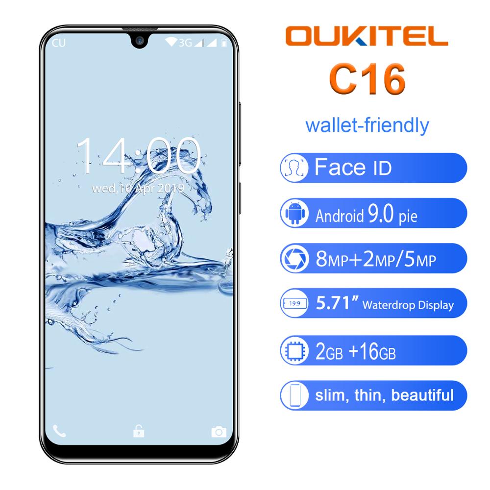 OUKITEL C16 Smartphone 5.71" HD 19:9 WaterDrop Screen Android 9.0 Fingerprint Mobile Phone MT6580P 2G RAM 16G ROM 2600mAh Unlock