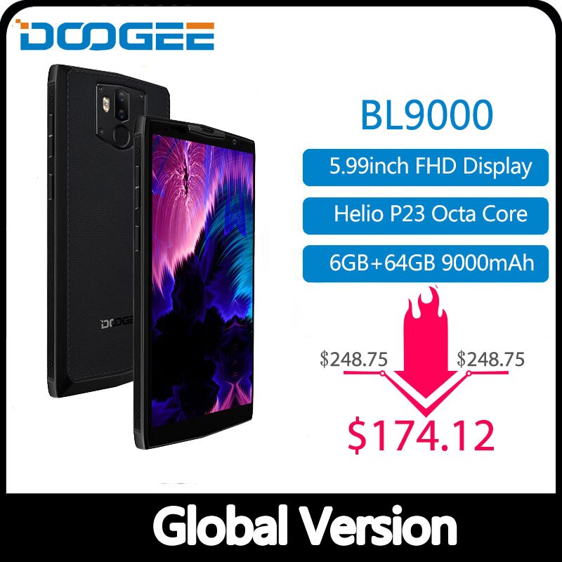 DOOGEE BL9000 Smartphone 5V5A Flash Charge 9000mAh Wireless Charge 6GB 64GB Helio P23 Octa Core 5.99" FHD+ Android 8.1