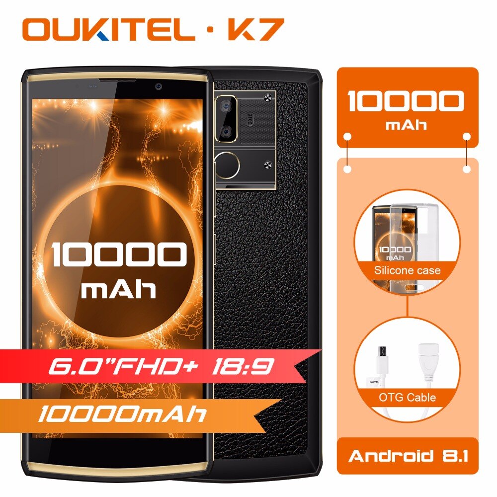 OUKITEL K7 Android 8.1 6.0" FHD+ 18:9 MTK6750T 4G RAM 64G ROM 10000mAh 9V/2A Quick Charge 13.0MP+5.0MP Fingerprint Smartphone