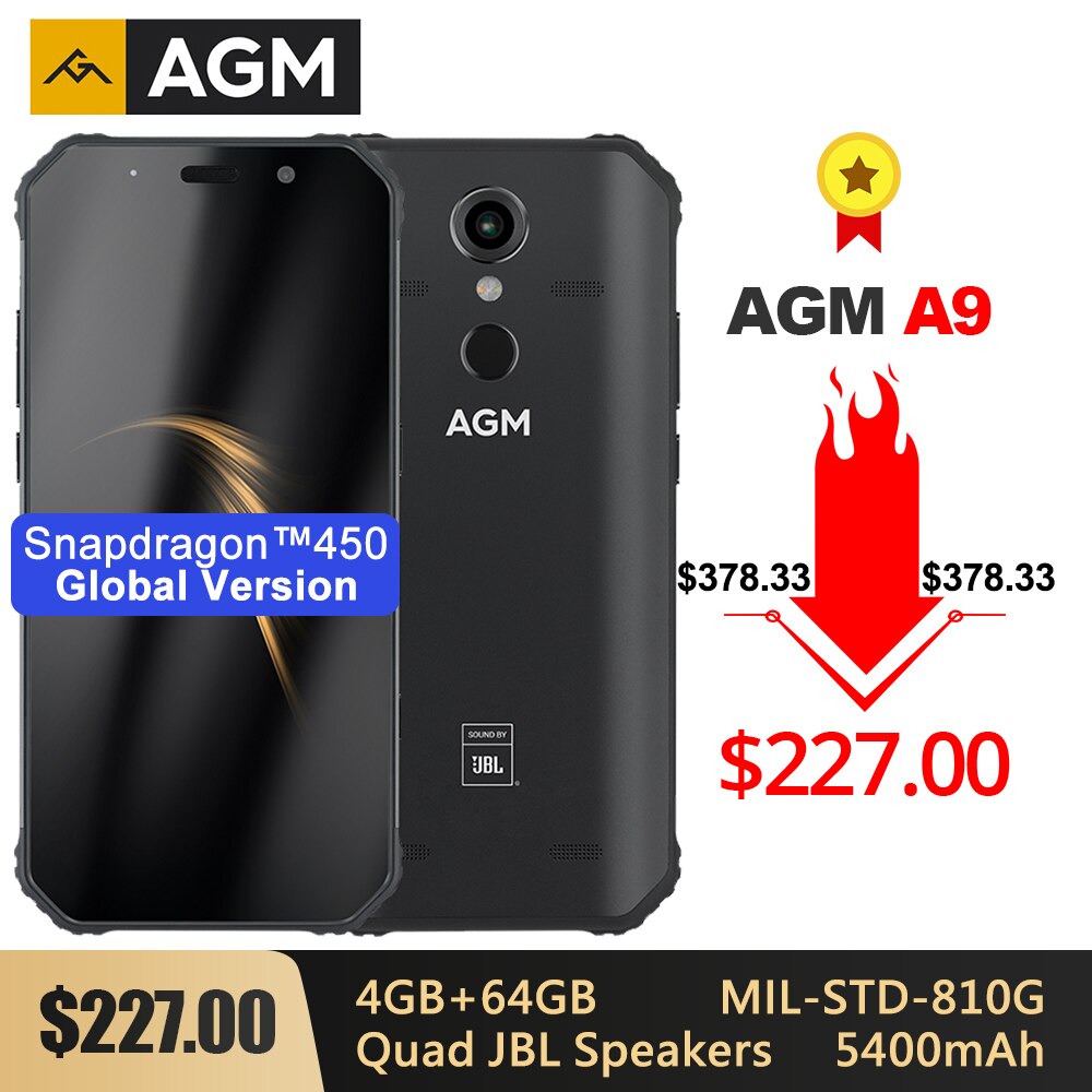 AGM A9 Rugged IP68 Waterproof Smartphone SDM450 5.99" FHD+ 4GB 64GB 5400mAh Quick Charge 3.0 Android 8.1 Quad-Box Speakers NFC