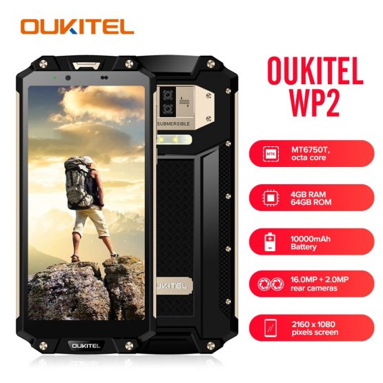 OUKITEL WP2 IP68 Waterproof Mobile Phone 4GB 64GB MT6750T Octa Core 6.0" 18:9 Fingerprint Smartphone Dust Shock Proof 10000mAh