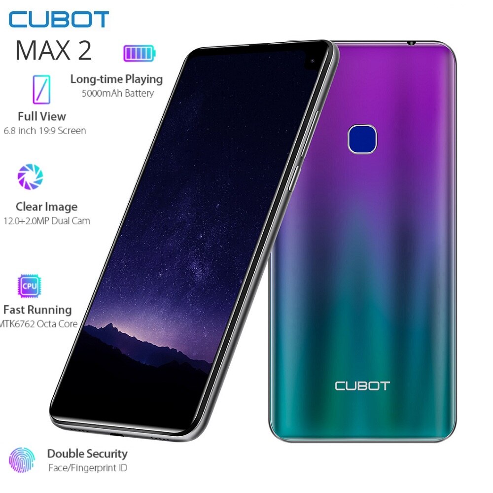 CUBOT MAX 2 4G Smartphone 6.8 inch Android 9 Pie MT6762 Octa Core 2.0GHz 4GB RAM 64GB ROM Fingerprint 5000mAh Mobile Cellphones