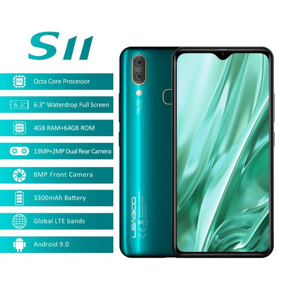 LEAGOO S11 4GB 64GB Mobile Phone Android 9.0 6.3" Waterdrop Display Helio P22 Octa Core 13MP Dual Camera Fingerprint Smartphone