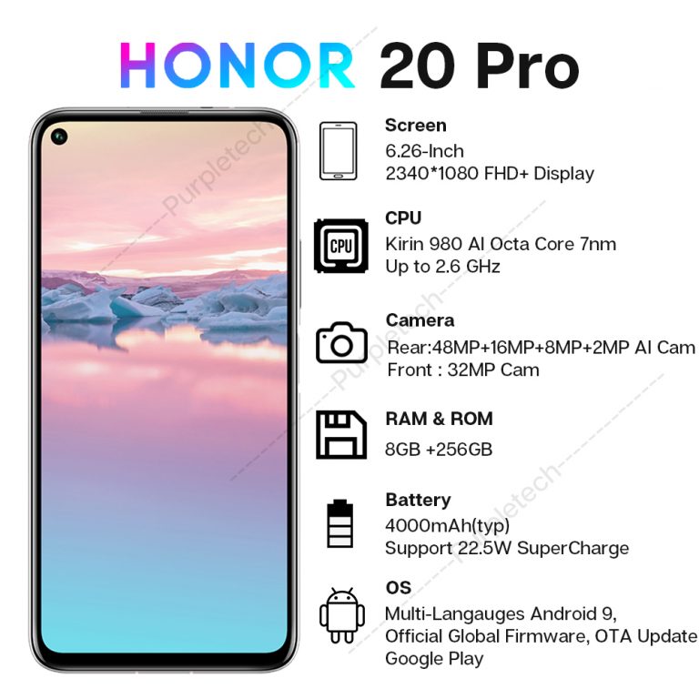 Global Version Honor 20 Pro Smartphone Kirin Octa Core 7nm 6.26'' 8G