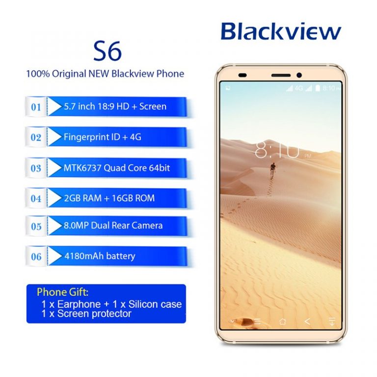 Blackview S6 4G Dual Sim Smartphone Fingerprint 18:9 5.7"HD+ Cellphone Android