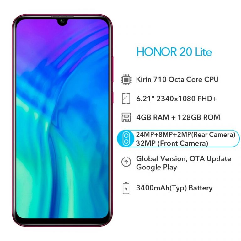 Global Version Honor 20 Lite 4GB 128GB Front 32MP Kirin 710 Octa Core