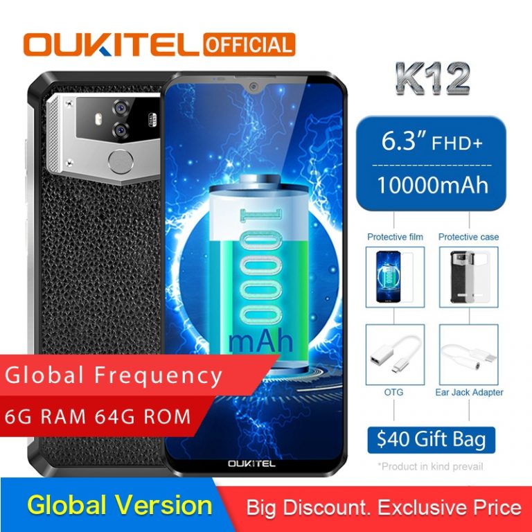 OUKITEL K12 Android 9.0 Mobile Phone 6.3" 19.5:9 MTK6765 6G RAM 64G ROM NFC 10000mAh 5V/6A Quick Charge Fingerprint Smartphone